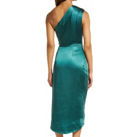 New Elliatt Cassini Emerald Green Satin One Shoulder Side Ruched Dress Women's L - Picture 2 of 14